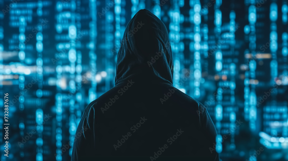 Aufkleber back view of a person in a hood standing against a backdrop of glowing digital data in a cyber envir
