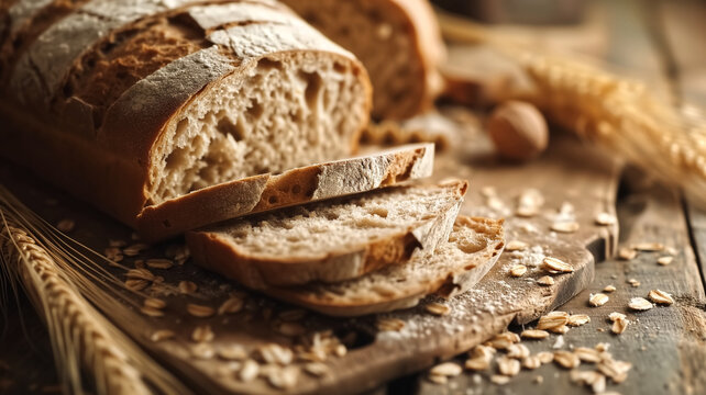 Artisan whole grain bread, freshly sliced on a rustic wooden table with wheat and oats.
