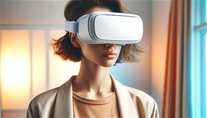 A young woman wearing minimalist white VR glasses