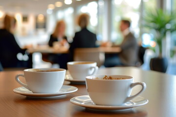 cups of coffee on the office table with people meeting background