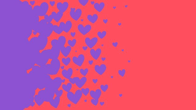 Frame-by-frame loop animation. Handdrawn white, purple, blue hearts fly from left to right on black, red background. 4K mask transition looped animated video. Valentine's Day. Social media template	