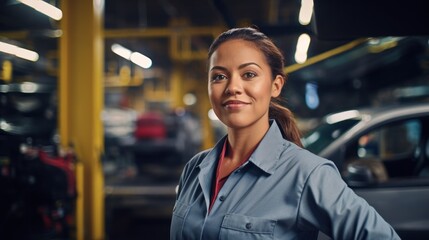 Portrait of a happy and confident female worker with high tech machinery job in a modern technology automotive manufacturing workspace
