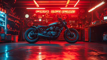 motorcycle workshop with dark and red color background