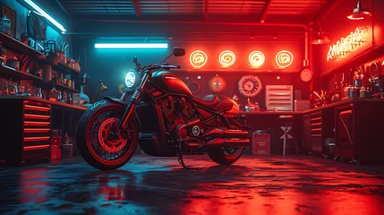 Rolgordijnen Motorfiets motorcycle workshop with dark and red color background