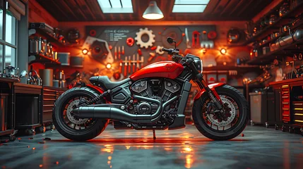 Fototapete Motorrad motorcycle workshop with dark and red color background