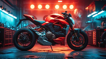 Afwasbaar Fotobehang Motorfiets motorcycle workshop with dark and red color background
