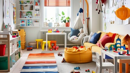 Vibrant Kids' Playroom with Toys and Colorful Furniture AI Generated.
