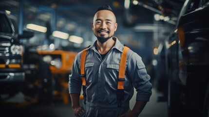 Portrait of a happy and confident male worker with high tech machinery job in a modern technology automotive manufacturing workspace