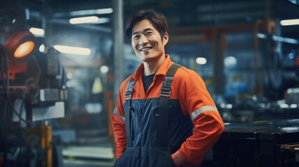 Fototapeta premium Portrait of a happy and confident Asian male worker with high tech machinery job in a modern technology automotive manufacturing workspace