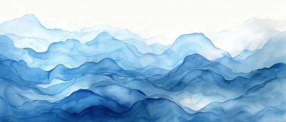 Obraz premium oceanic blue watercolor waves painting texture, or mountains, layered lines, misty atmosphere, soft color fields, watercolorist