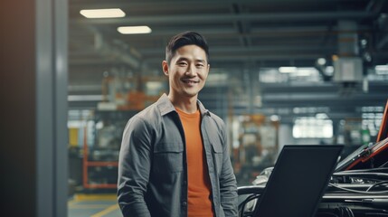 Portrait of a happy and confident Asian male manager with high tech machinery job in a modern technology automotive manufacturing workspace
