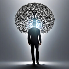 silhouette of a man in a business suit walks toward a stylized tree, illuminated by glare of light