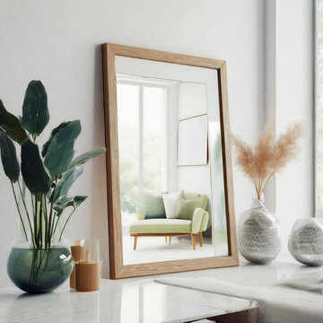 Mock up frame with glass reflection in cozy room with white wall interior background, 3d render