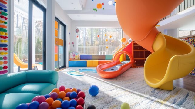 Lively Playroom with Colorful Slide and Ball Pit