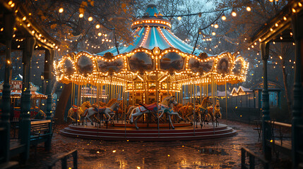 symmetrical carnival entrance showing a carousel, zoomed out shot