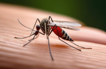 A mosquito sits on the skin, the abdomen is filled with red fluid, the mosquito has bitten a person. Leishmaniasis, encephalitis, dengue, yellow fever.malaria disease,