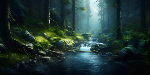 Nature's Symphony A Serene Stream Flowing Through a Lush Forest with Majestic Rocks and Towering Trees.AI Generative