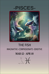 Dreamy Pisces poster with two fish circling, set against a cosmic backdrop, symbolizing imagination, compassion, and sensitivity.