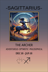 Dynamic Sagittarius poster featuring a centaur archer against a sunset, capturing the sign’s adventurous, optimistic, and philosophical spirit.