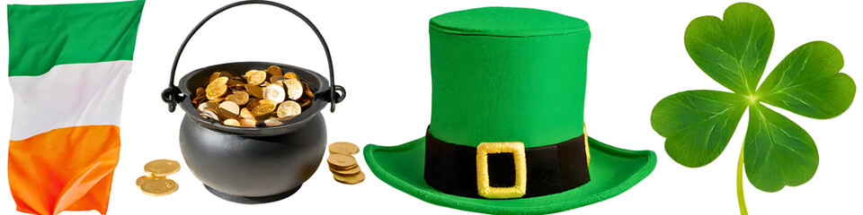 Shamrock or clover, leprechaun hat, gold coins on the pot and ireland flag on transparent background. Suitbale for St. Patrick's day element, background, card, banner etc.