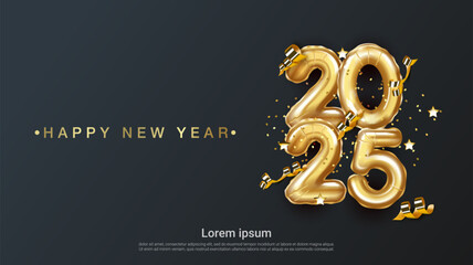 2025 Happy new year. realistic gold balloon numbers of 2025. with black background