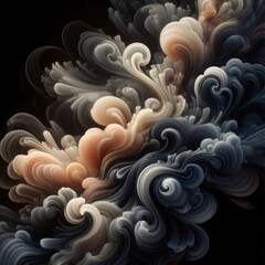 abstract formation of swirling, smoke-like patterns with colors ranging from dark shades of black and grey to lighter tones of white and beige, creating a sense of depth and dimension