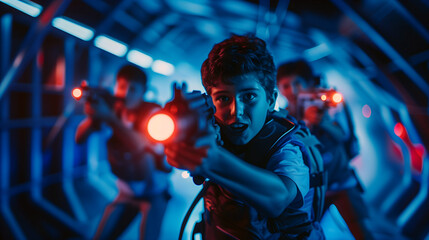 Excited boy and friends in a neon lit arena enjoying a futuristic laser tag match