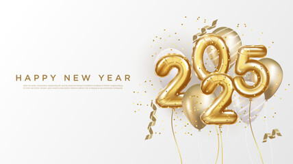 Happy new year 2025 background. realistic gold balloon numbers of 2025.