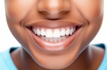 Obraz premium healthy white teeth, african american woman smiling. Close-up isolated on white background in beauty concept, beautiful smile of african american woman.