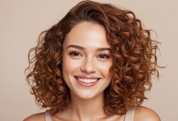 illustration of a beautiful woman with a radiant smile, her curly brown and reddish hair cascading around her face.