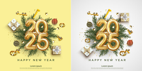 Set of Happy New Year 2025. festive realistic balloon decoration. Celebrate party 2025 on square background