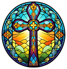 beautiful elaborate colorful stained glass Christian cross/crucifix with morning sun rising over the garden of Eden - religious symbol, holy sacred iconography, Christianity - transparent background