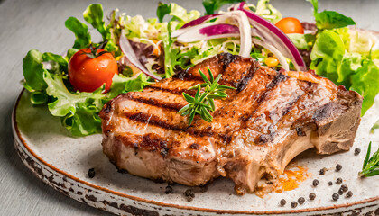 grilled pork steak, close up shot of Grilled pork steak with bone and fresh salad