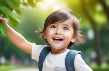 Asian child smiling, toddler laughing happily in the park, greenery all around