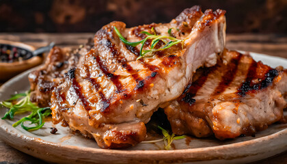 close up shot of grilled pork chops with strips