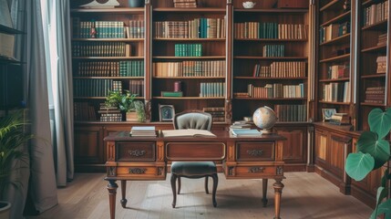 Classic Vintage Study Room with Mahogany Desk and Bookshelves AI Generated. - obrazy, fototapety, plakaty
