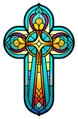 beautiful elaborate colorful stained glass Christian cross/crucifix with north star - religious symbol, holy sacred iconography, Christianity - transparent background