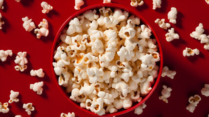 Obraz na płótnie Canvas Indulge in Crispy Delight: Freshly Popped Popcorn Bowl on Vibrant Red