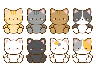 かわいい猫のベクターイラストのセット。いろいろな種類の猫のアイコン、挿し絵に便利なクリップアート。