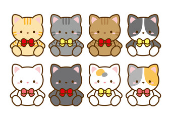 Obraz premium 動物のイラスト、首にリボンを付けた猫のベクターイラストセット。いろいろな種類の猫のアイコン、挿し絵に便利なクリップアート。