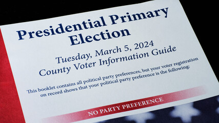 Lake Elsinore, CA USA - February 10, 20240: Close up of the California Presidential Primary Election Voter Booklet