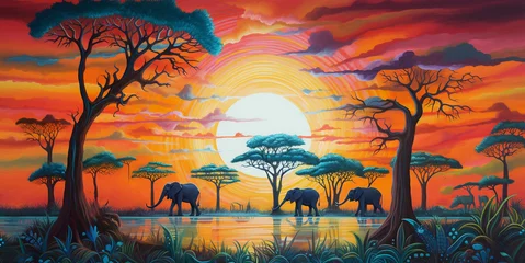 Muurstickers Painting of elephants and wild animals With views of trees, rivers, mountains and nature, there is sunlight. © Rassamee