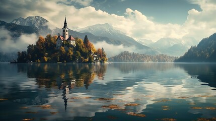 Lake Bled with St. Marys Church of the Assumption on the small. Copy space for text. - obrazy, fototapety, plakaty