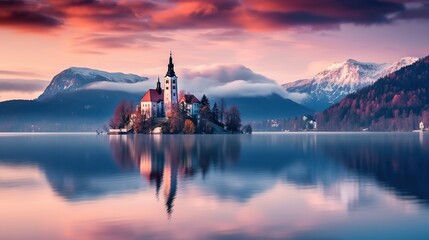 Lake Bled with St. Marys Church of the Assumption on the small. Copy space for text.