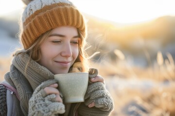 Woman Enjoying Hot Drink in Winter Wonderland