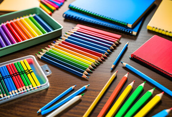 Naklejka premium School Supplies, Education, Learning, Stationery, Classroom, Back to School, Pens, Pencils, Books, Notebooks, Crayons, Backpack, Ruler, Eraser, Calculator, AI Generated