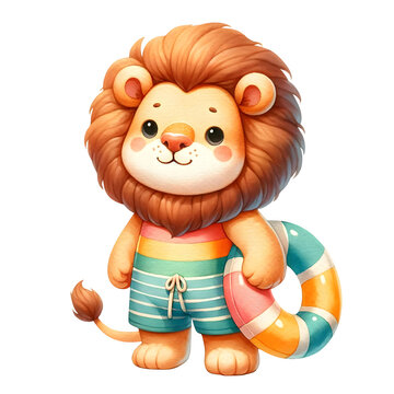recommend clip art: Cute watercolor animal character wearing swimming suit and rubber ring or swim ring for summer theme clipart of lion