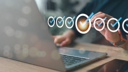 Digital Guarantee Checkmark, business checking quality assurance QA or QC management, certification Standardization, certification. Compliance to regulations service and standards