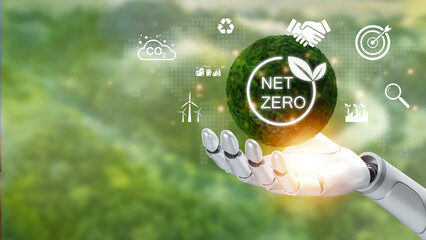 In the robot hand the net zero with icons for the environment, social and governance, and...