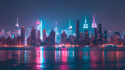 Fototapeta na wymiar Dazzling Nighttime Skyline View of Urban Metropolis With Neon Lighting